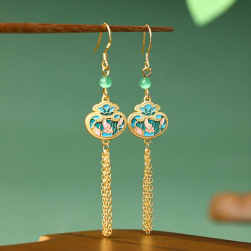 Tibetan Style Tassel Earring, with Jade, gold color plated, vintage & for woman & enamel, 14x72mm, Sold By Pair