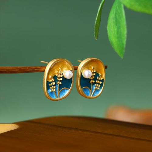 Tibetan Style Stud Earring, with Plastic Pearl, gold color plated, vintage & for woman & enamel, 15x18mm, Sold By Pair