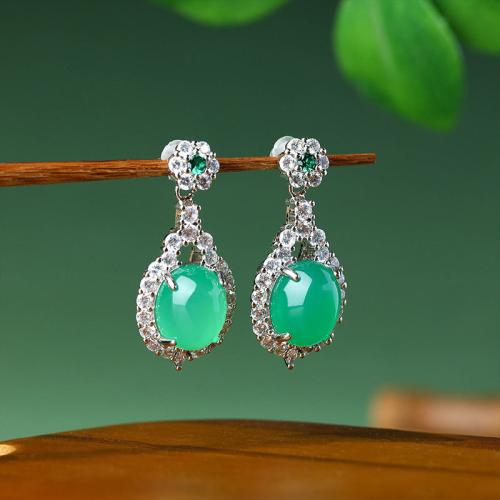 Tibetan Style Drop Earring, with Green Calcedony, Teardrop, silver color plated, vintage & for woman & with rhinestone, 15x32mm, Sold By Pair