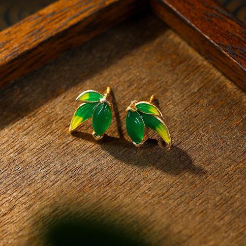 Tibetan Style Stud Earring, with Green Calcedony, Leaf, gold color plated, vintage & for woman & enamel, 8x12mm, Sold By Pair