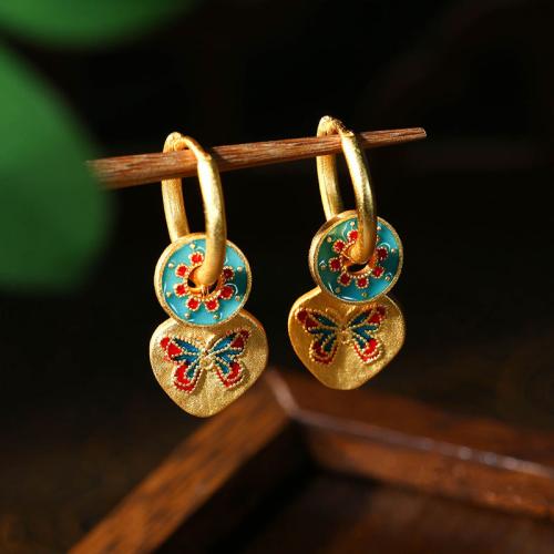 Tibetan Style Huggie Hoop Drop Earring, gold color plated, vintage & for woman & enamel, 12x31mm, Sold By Pair