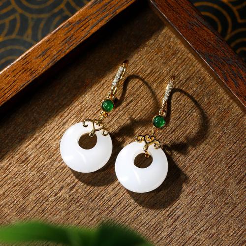 Tibetan Style Drop Earring, with Jade, gold color plated, vintage & for woman & with rhinestone, 15x37mm, Sold By Pair