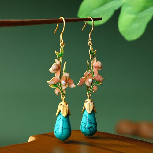 aleación de zinc Pendientes con Colgantes, con Turquesa sintético & Perlas plásticas, Flor, chapado en color dorado, Vintage & para mujer & esmalte, 16x70mm, Vendido por Par