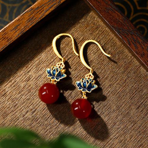 Tibetan Style Drop Earring, with Carnelian, Lotus, gold color plated, vintage & for woman & enamel, 11x43mm, Sold By Pair