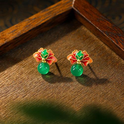 Tibetan Style Stud Earring, with Green Calcedony, Lotus, gold color plated, vintage & for woman & enamel, 13x13mm, Sold By Pair