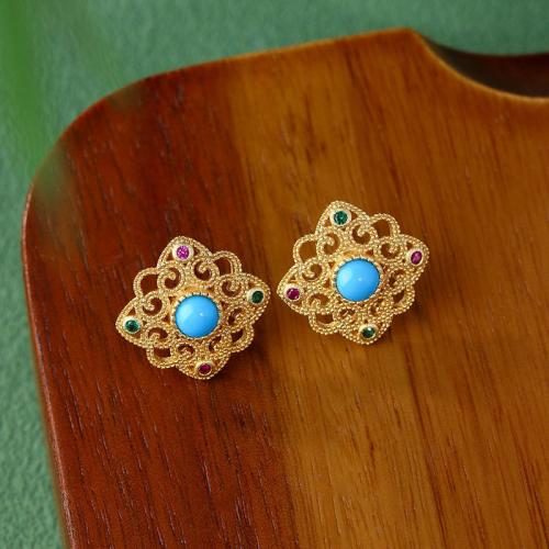 alliage de zinc boucle d oreille dormeuse, avec turquoise synthétique, Placage de couleur d'or, Vintage & pour femme & creux, 15x15mm, Vendu par paire