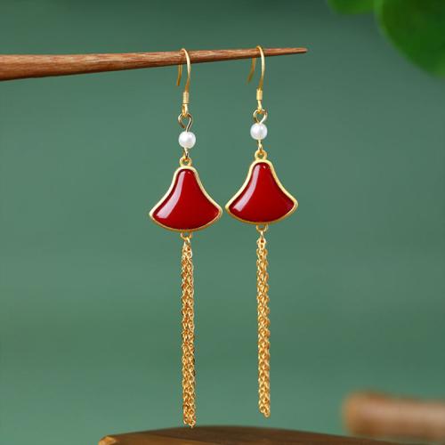 Tibetan Style Tassel Earring, with Jade & Plastic Pearl, Skirt, gold color plated, vintage & for woman, 86mm, Sold By Pair