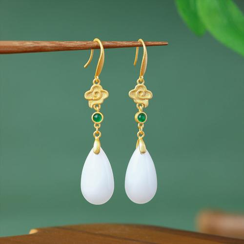 Tibetan Style Drop Earring, with Jade, gold color plated, vintage & for woman, 12x60mm, Sold By Pair