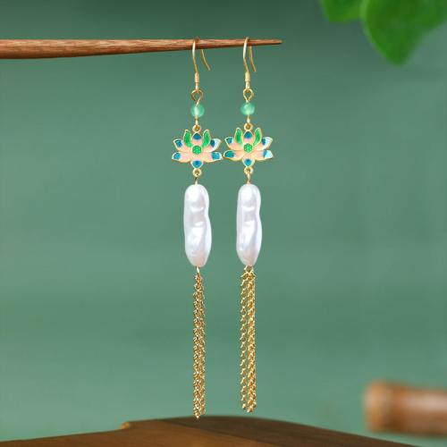 Tibetan Style Tassel Earring, with Acrylic, Lotus, gold color plated, vintage & for woman & enamel, 104mm, Sold By Pair