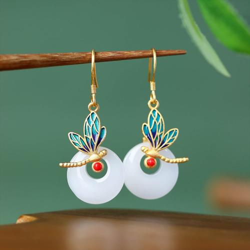 Tibetan Style Drop Earring, with Jade, Dragonfly, gold color plated, vintage & for woman & enamel, 17x42mm, Sold By Pair