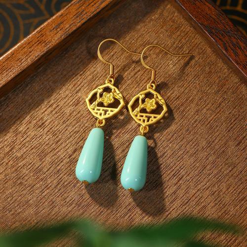 Tibetan Style Drop Earring, with Jade, gold color plated, vintage & for woman & hollow, 13x52mm, Sold By Pair