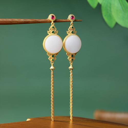 Tibetan Style Tassel Earring, with Jade, gold color plated, vintage & for woman & with rhinestone & hollow, 16x91mm, Sold By Pair