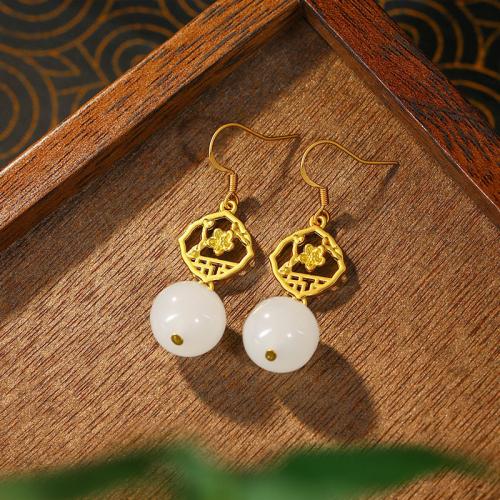 Tibetan Style Drop Earring, with Jade, gold color plated, vintage & for woman & hollow, 13x44mm, Sold By Pair