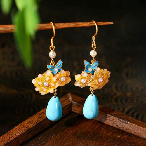 Tibetan Style Drop Earring, with Turquoise & Plastic Pearl, Flower, gold color plated, vintage & for woman & enamel, 24x64mm, Sold By Pair