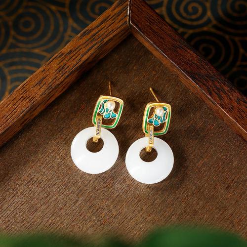 Tibetan Style Drop Earring, with Jade & Plastic Pearl, gold color plated, vintage & for woman & enamel & with rhinestone & hollow, 15x29mm, Sold By Pair