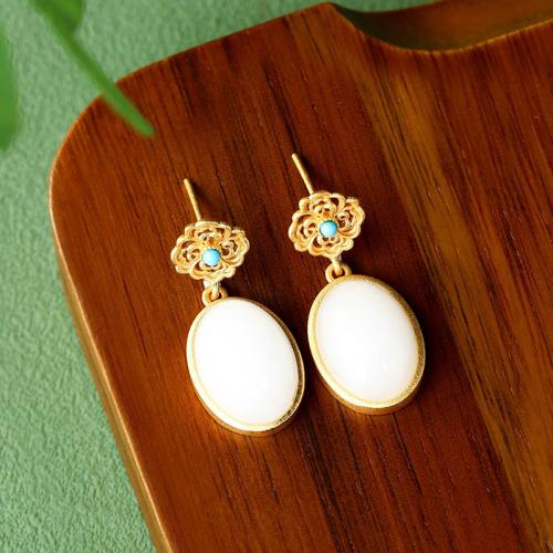 Tibetan Style Drop Earring, with Jade, gold color plated, vintage & for woman & hollow, 11x27mm, Sold By Pair