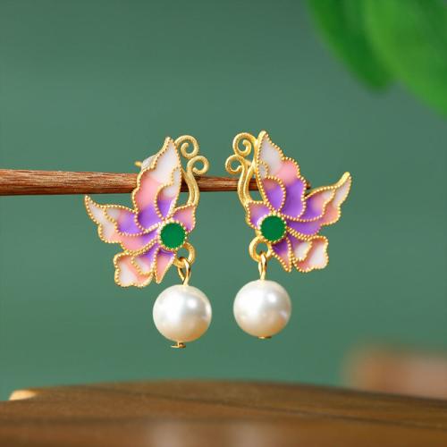 Tibetan Style Drop Earring, with Acrylic, Butterfly, gold color plated, vintage & for woman & enamel, 18x29mm, Sold By Pair