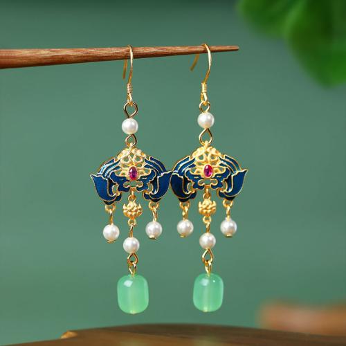 Tibetan Style Drop Earring, with Green Calcedony & Plastic Pearl, Ruyi, gold color plated, vintage & for woman & enamel, 21x67mm, Sold By Pair