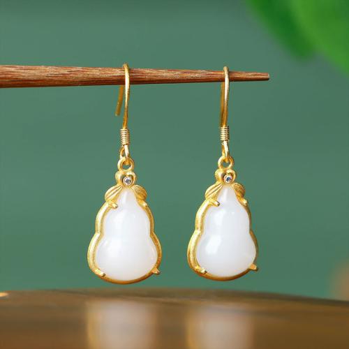 Tibetan Style Drop Earring, with Jade, Calabash, gold color plated, vintage & for woman & with rhinestone, 12x34mm, Sold By Pair