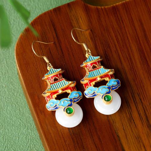 Tibetan Style Drop Earring, with Jade, gold color plated, vintage & for woman & enamel, 17x45mm, Sold By Pair