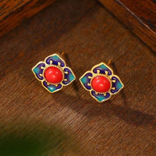 Tibetan Style Stud Earring, with Jade, Flower, gold color plated, vintage & for woman & enamel, 10x10mm, Sold By Pair