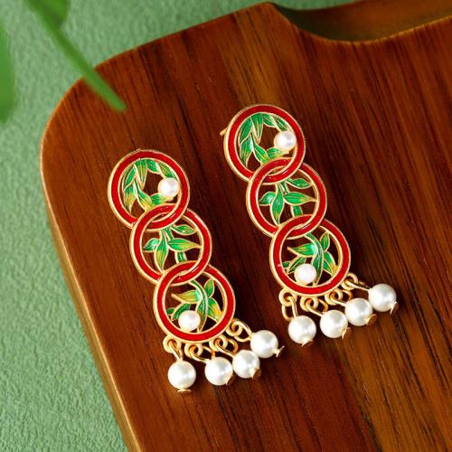 Tibetan Style Drop Earring, with Acrylic, Leaf, gold color plated, vintage & for woman & enamel & hollow, 15x39mm, Sold By Pair