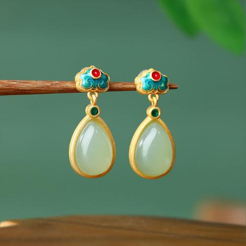 Tibetan Style Drop Earring, with Jade, Teardrop, gold color plated, vintage & for woman & enamel, 11x26mm, Sold By Pair