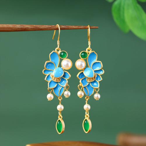 Tibetan Style Drop Earring, with Jade & Plastic Pearl, Flower, gold color plated, vintage & for woman & enamel, 17x65mm, Sold By Pair