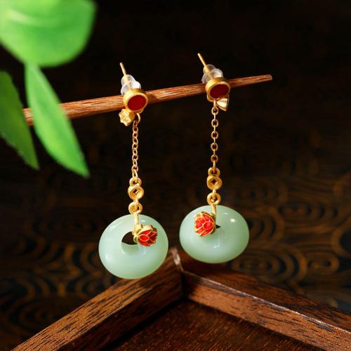 Tibetan Style Drop Earring, with Jade, Lotus, gold color plated, vintage & for woman & enamel, 15x48mm, Sold By Pair