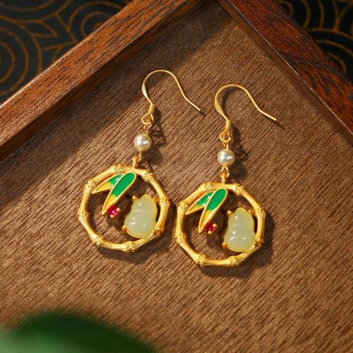 Tibetan Style Drop Earring, with Jade & Plastic Pearl, gold color plated, vintage & for woman & enamel & hollow, Sold By Pair