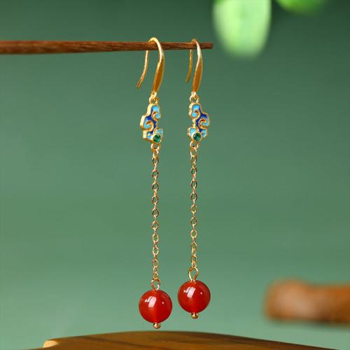 Tibetan Style Drop Earring, with Jade, gold color plated, vintage & for woman & enamel, 70mm, Sold By Pair