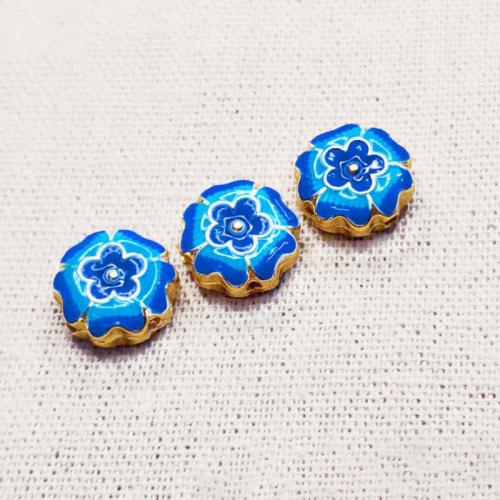 Cuentas Cloisonne, metal, con Cloisonné, Flor, chapado en color dorado, Bricolaje & esmalte, azul, libre de níquel, plomo & cadmio, 14mm, Vendido por UD