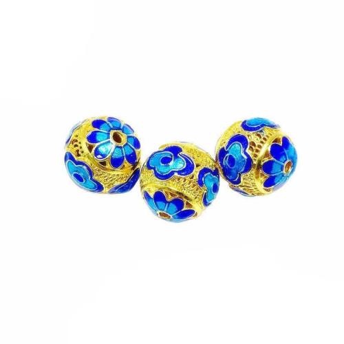 Cuentas Cloisonne, metal, con Cloisonné, Esférico, chapado en color dorado, Bricolaje & esmalte, azul, libre de níquel, plomo & cadmio, 12mm, Vendido por UD