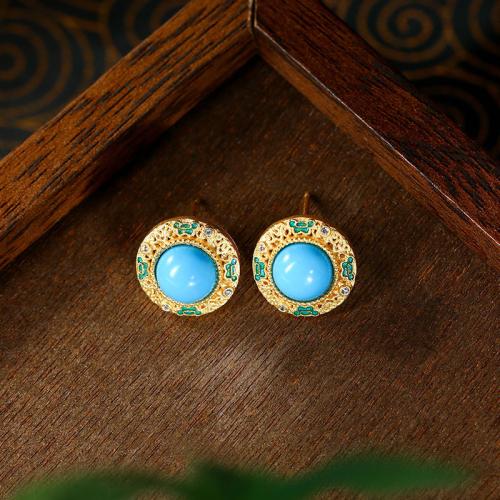 alliage de zinc boucle d oreille dormeuse, avec turquoise synthétique, Rond, Placage de couleur d'or, pour femme & avec strass, 13x13mm, Vendu par paire