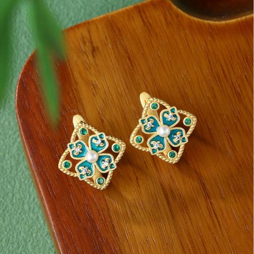 Tibetan Style Stud Earring, with Acrylic, Four Leaf Clover, gold color plated, vintage & for woman & enamel & hollow, 16x17mm, Sold By Pair