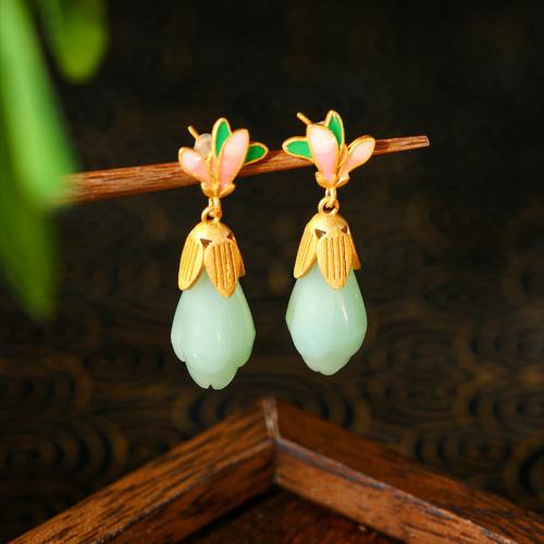 Tibetan Style Drop Earring, with Jade, Flower, gold color plated, vintage & for woman & enamel, 11x35mm, Sold By Pair