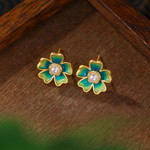 Tibetan Style Stud Earring, with Shell Pearl, Flower, gold color plated, vintage & for woman & enamel, 14x13mm, Sold By Pair