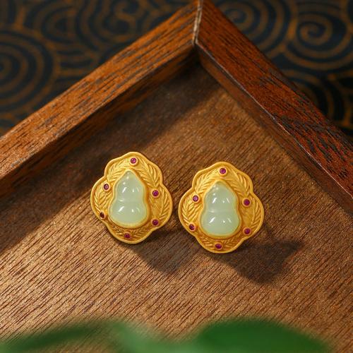 Tibetan Style Stud Earring, with Jade, Calabash, gold color plated, vintage & for woman, 17x19mm, Sold By Pair