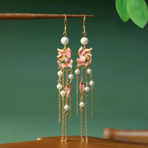 Tibetan Style Tassel Earring, with Acrylic, Flower, gold color plated, vintage & for woman & enamel, 109mm, Sold By Pair