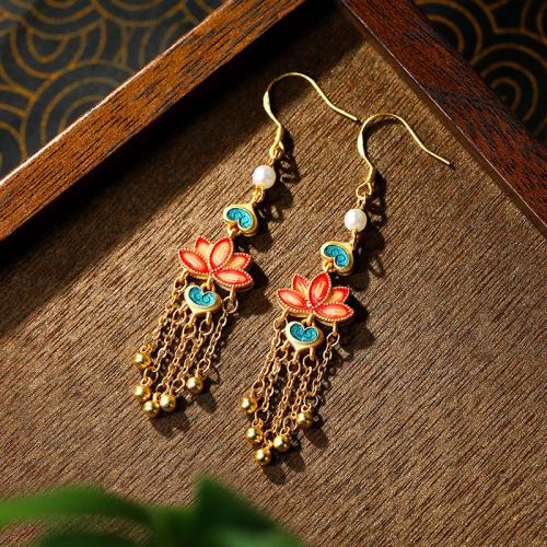 Tibetan Style Tassel Earring, with Jade, Lotus, gold color plated, vintage & for woman & enamel, 13x68mm, Sold By Pair