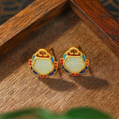 Tibetan Style Stud Earring, with Jade, gold color plated, vintage & for woman & enamel, 12x13mm, Sold By Pair