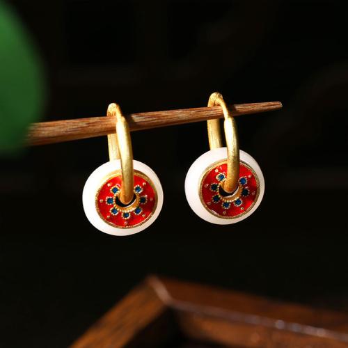 Tibetan Style Huggie Hoop Drop Earring, with Jade, gold color plated, vintage & for woman & enamel, 12x21mm, Sold By Pair