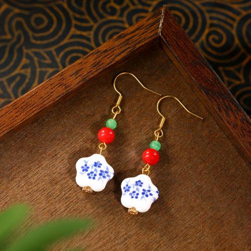 Tibetan Style Drop Earring, with Jade, gold color plated, vintage & for woman & enamel, 14x51mm, Sold By Pair