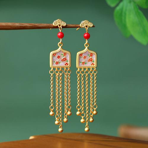 Tibetan Style Tassel Earring, with Jade, gold color plated, vintage & for woman & enamel, 13x71mm, Sold By Pair