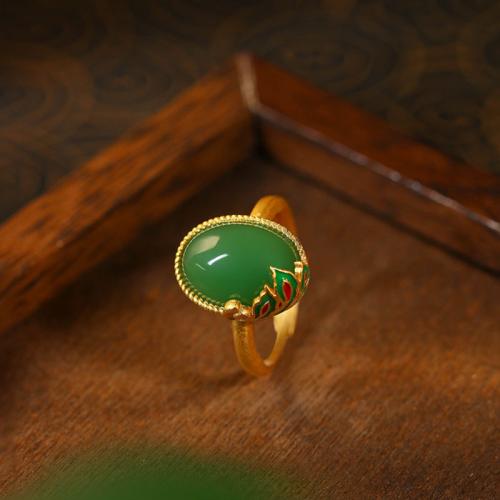 Tibetan Style Cuff Finger Ring, with Jade, gold color plated, vintage & for woman & enamel, US Ring Size:6-8, Sold By PC