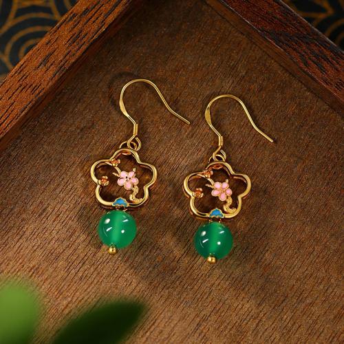 Tibetan Style Drop Earring, with Green Calcedony, Flower, gold color plated, vintage & for woman & enamel & hollow, 14x41mm, Sold By Pair