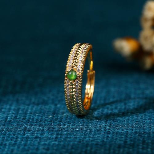 Brass Cuff Finger Ring with Green Calcedony gold color plated vintage & for woman & with rhinestone US Ring Sold By PC