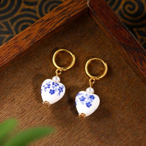 Zinc Alloy Huggie Hoop Drop Earring with Jade & Plastic Pearl Heart gold color plated vintage & for woman Sold By Pair