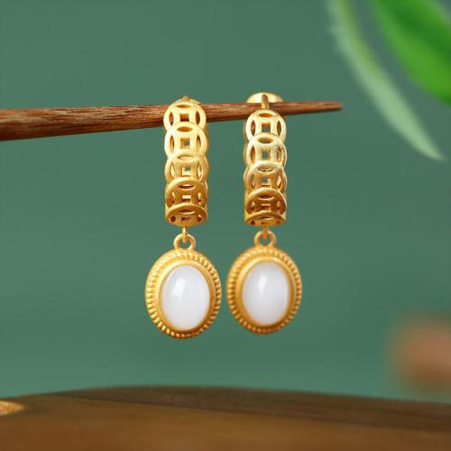 Tibetan Style Huggie Hoop Drop Earring, with Jade, gold color plated, vintage & for woman & hollow, 9x30mm, Sold By Pair