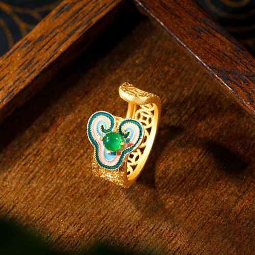 Tibetan Style Cuff Finger Ring, with Jade, gold color plated, vintage & for woman & enamel & hollow, US Ring Size:6-8, Sold By PC